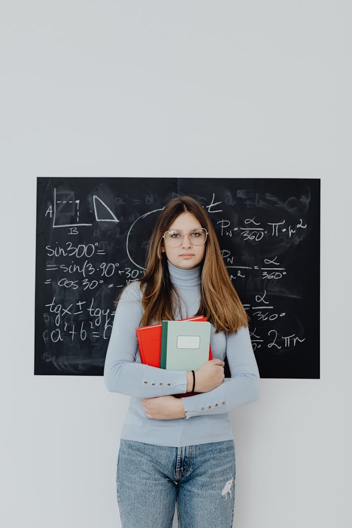 Portrait of a woman holding books, standing in front of a blackboard with math equations.